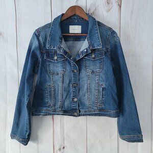 KanCan Distressed Stretch Denim Jean Jacket Women’s L Medium Wash Button Down